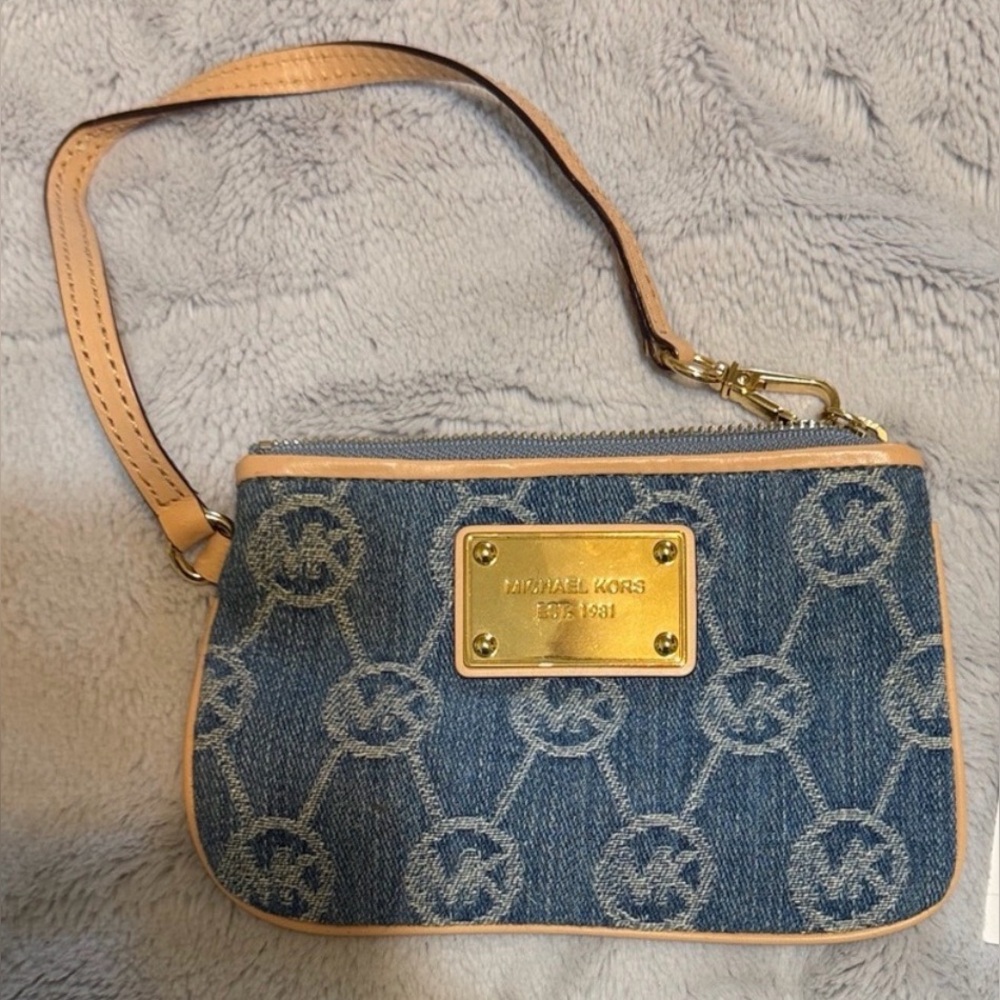 Michael Kors Blue Denim Wristlet with Tan Trim